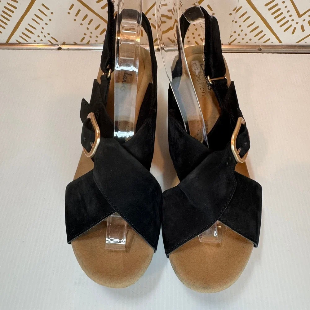 Clarks‎ Suede Cork Sandal Women 10 Black Wedge Slingback Buckle Boho Vacation